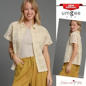 Umgee Lace Patches Detail Short Sleeves Button Down Relaxed Fit Shirt | Natural